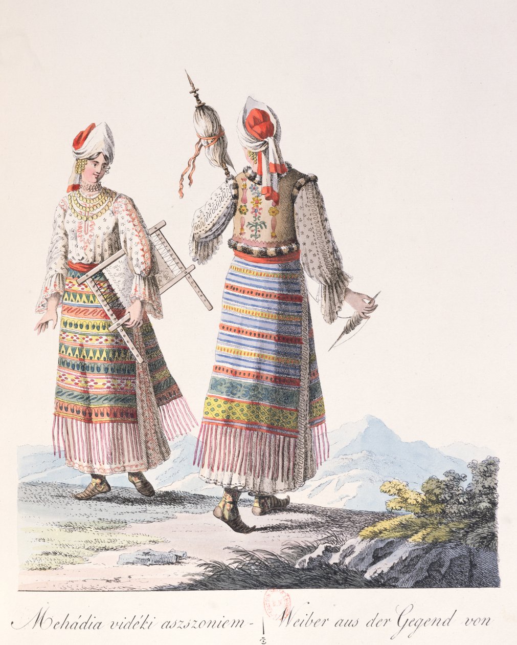 Ženy v tradičním oděvu regionu Mehadia, ilustrace z knihy Costumes de Hongrie od J.H. de Bikkesy, 1810 (barevná rytina) od Austrian School