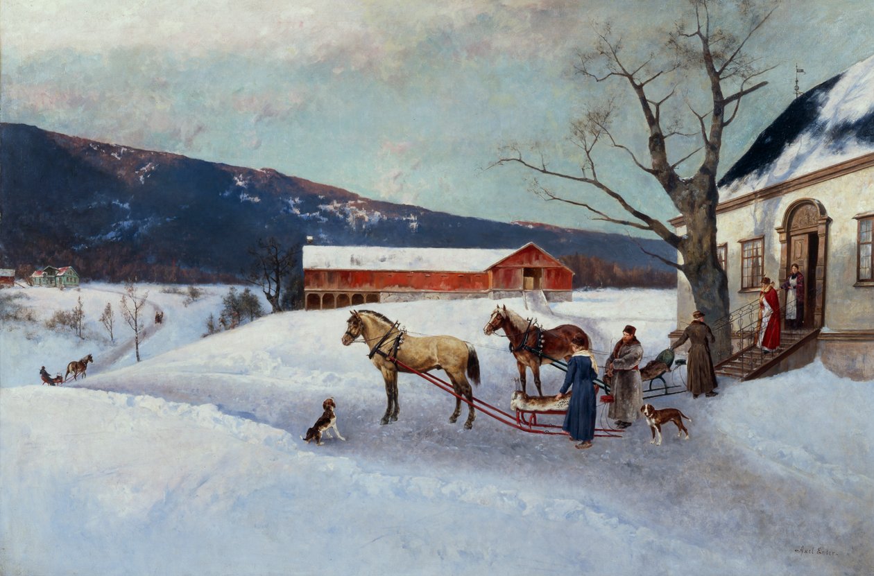 Jízda na saních z Farm Yard (olej na plátně) od Axel Hjalmar Ender