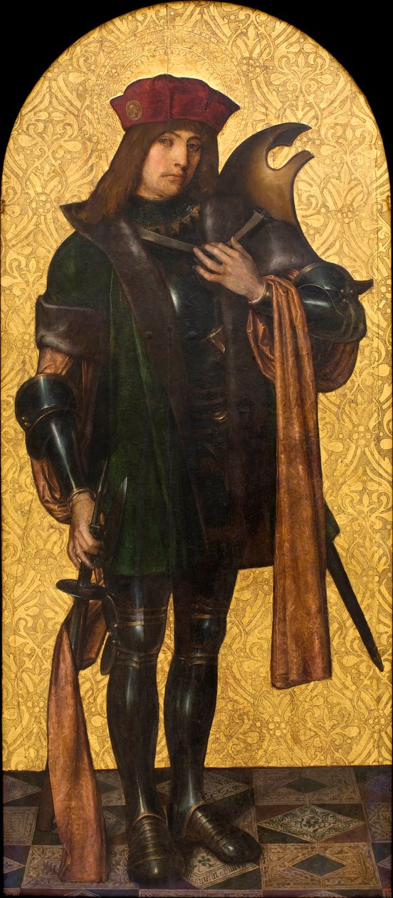 Saint Candide (Xander) (Saint Candidus) nebo Warrior Saint (někdy ztotožňován se Saint George) - Malba od Aine (Ayne) Bru (Hans Brun nebo Lucius Brun) (aktivní 16. století) Olej na dřevě 1502-1507 Museu Nacional d