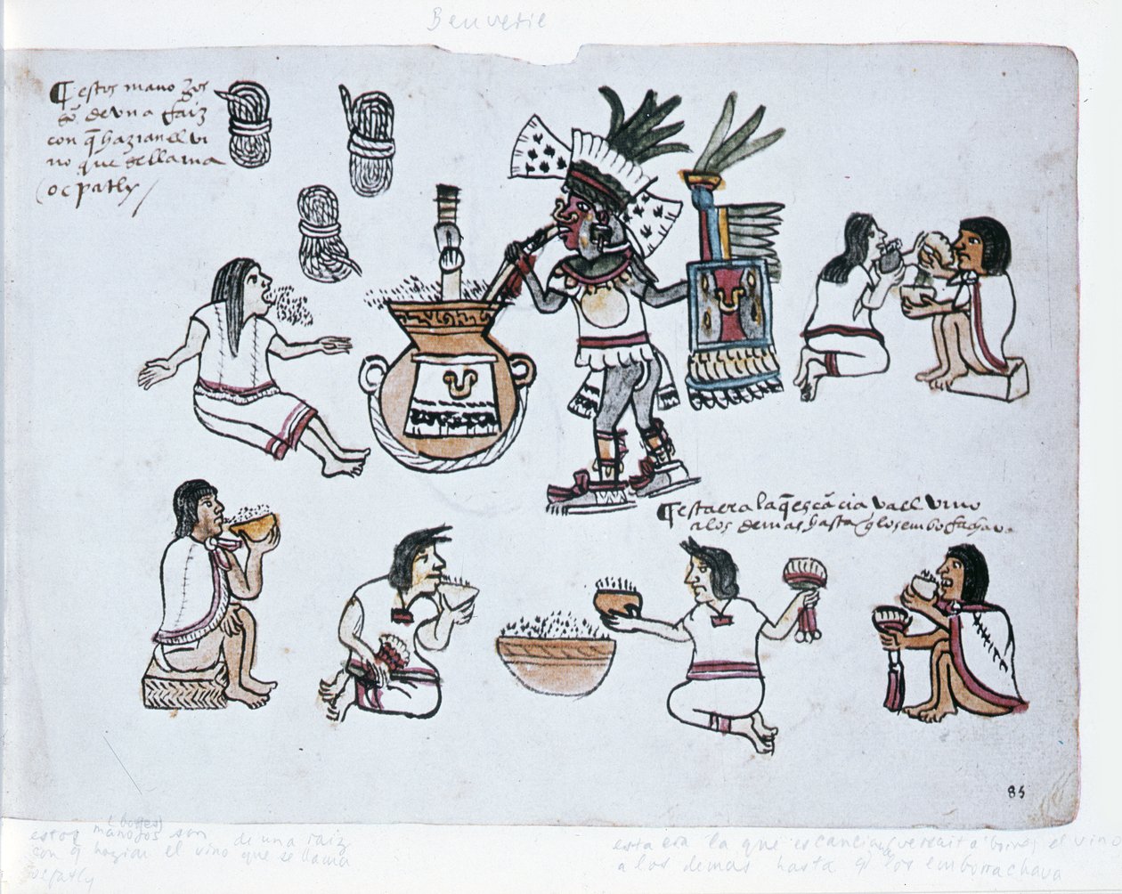 Aztécké pulque božstvo foukající na trubici nad sklenicí pulque a muži pijící pulque, ilustrace z Codexu Magliabechiano od Aztec