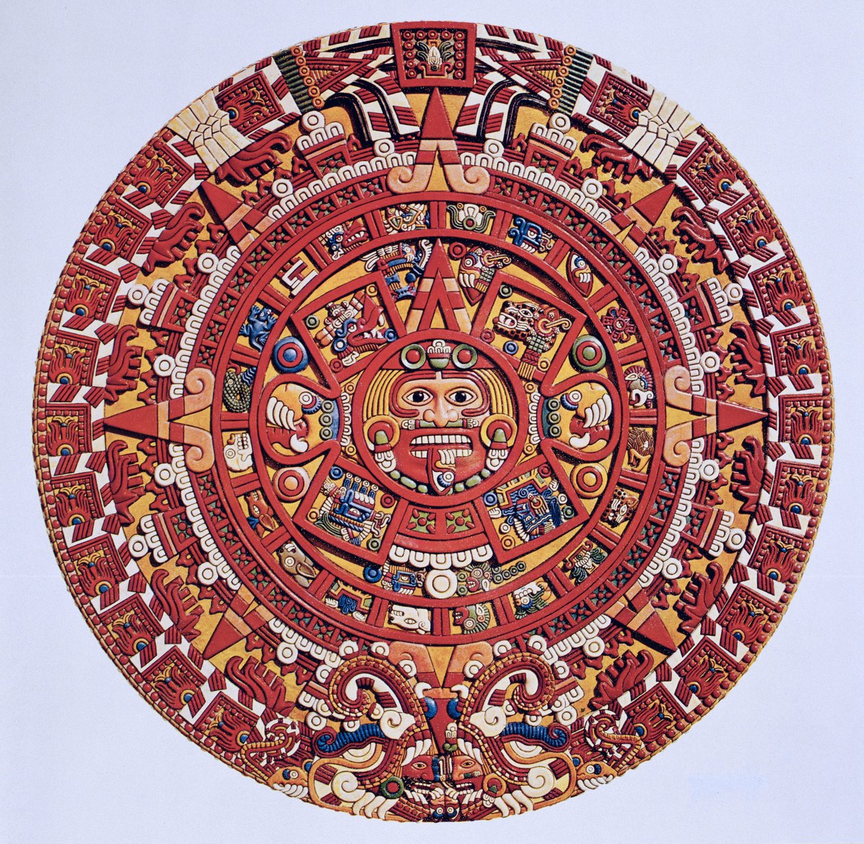 Imaginární přetvoření kalendáře aztéckého slunečního kamene (viz také 115255), pozdní po klasické období (litografie) od Aztec