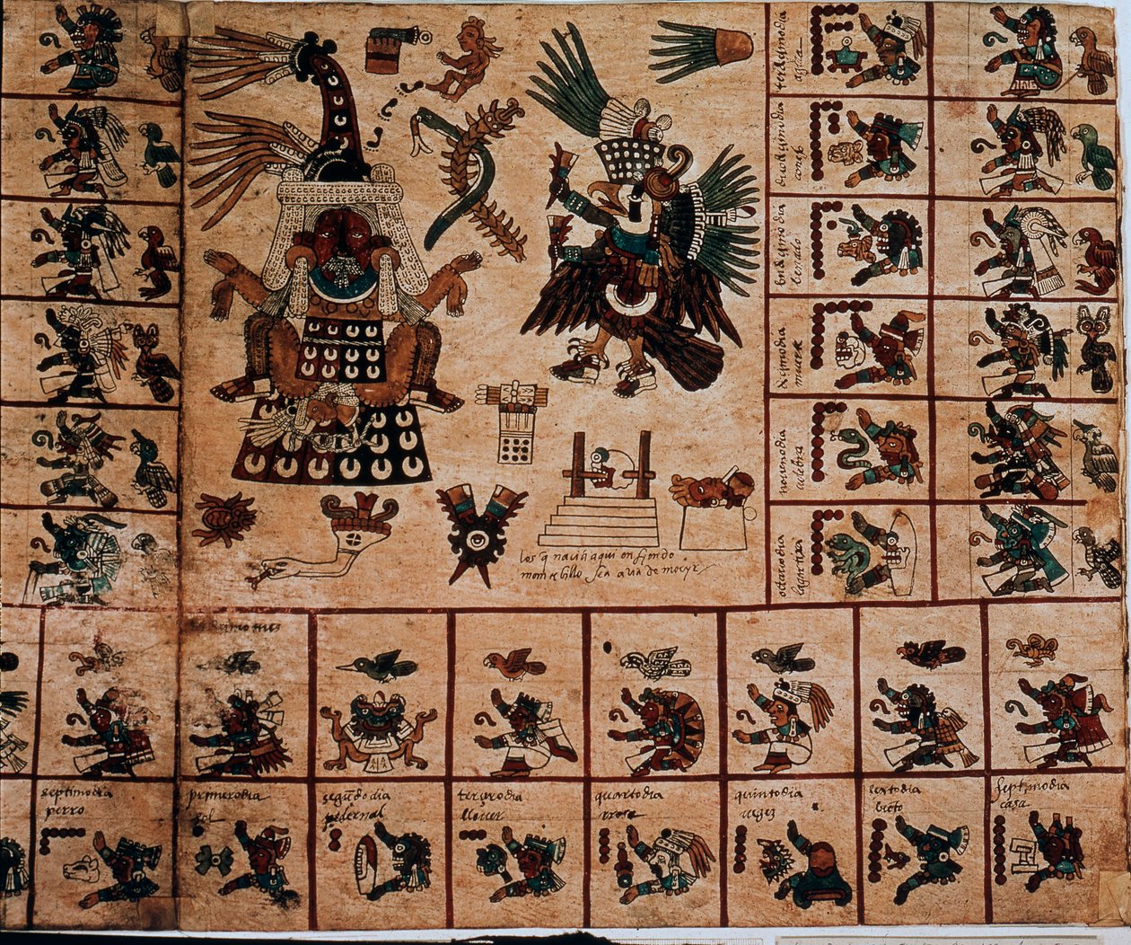 Znázornění aztéckých božstev a polí odpovídající kalendáři. Strana aztéckého rukopisu na kůře „Codex Borbonicus“, předkolumbijského domorodého kodexu středního Mexika, konec 15. století. Knihovna Národního shromáždění (Palais Bourbon). od Aztec