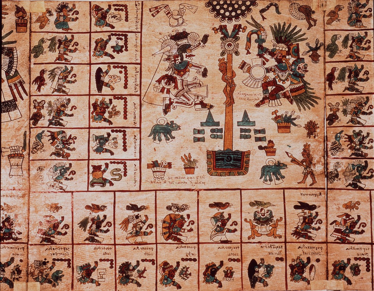 Znázornění aztéckých božstev a polí odpovídající kalendáři. Strana aztéckého rukopisu na kůře „Codex Borbonicus“, předkolumbijského domorodého kodexu středního Mexika, konec 15. století. Knihovna Národního shromáždění (Palais Bourbon). od Aztec