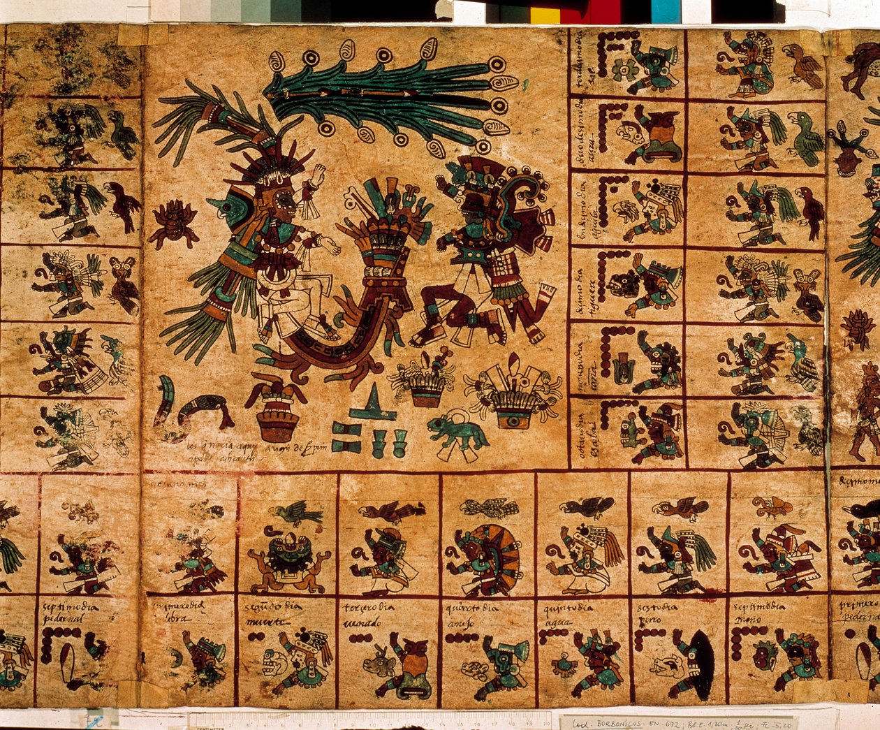 Znázornění aztéckých božstev a polí odpovídající kalendáři. Strana aztéckého rukopisu na kůře „Codex Borbonicus“, předkolumbijského domorodého kodexu středního Mexika, konec 15. století. Knihovna Národního shromáždění (Palais Bourbon). od Aztec
