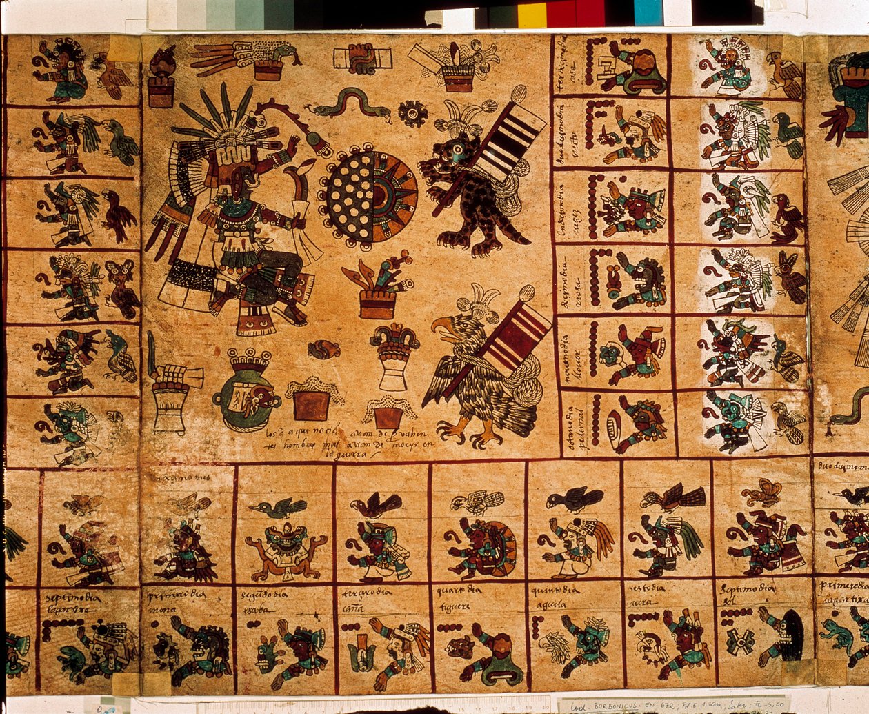 Znázornění aztéckých božstev a polí odpovídající kalendáři. Strana aztéckého rukopisu na kůře „Codex Borbonicus“, předkolumbijského domorodého kodexu středního Mexika, konec 15. století. Knihovna Národního shromáždění (Palais Bourbon). od Aztec