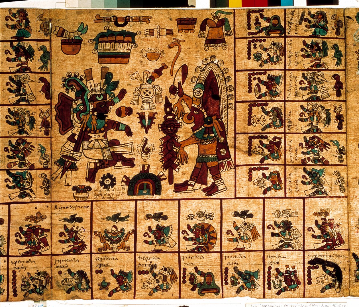 Znázornění aztéckých božstev a polí odpovídající kalendáři. Strana aztéckého rukopisu na kůře „Codex Borbonicus“, předkolumbijského domorodého kodexu středního Mexika, konec 15. století. Knihovna Národního shromáždění (Palais Bourbon). od Aztec