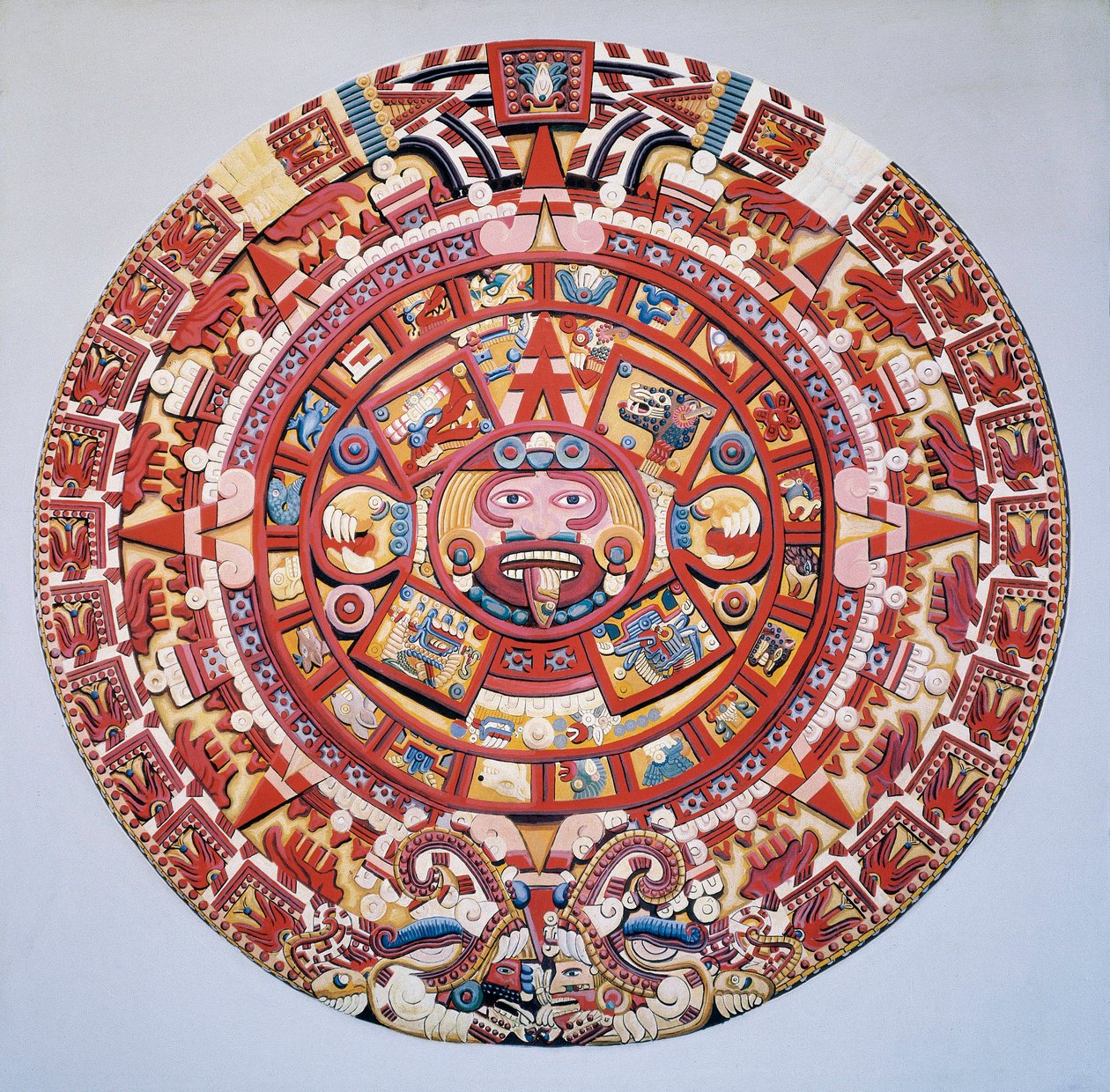 Předkolumbovská civilizace: aztécký kalendář (kámen slunce): disk představující aztécký kalendář a kosmogonii (Tonalpohualli) od Aztec Aztec