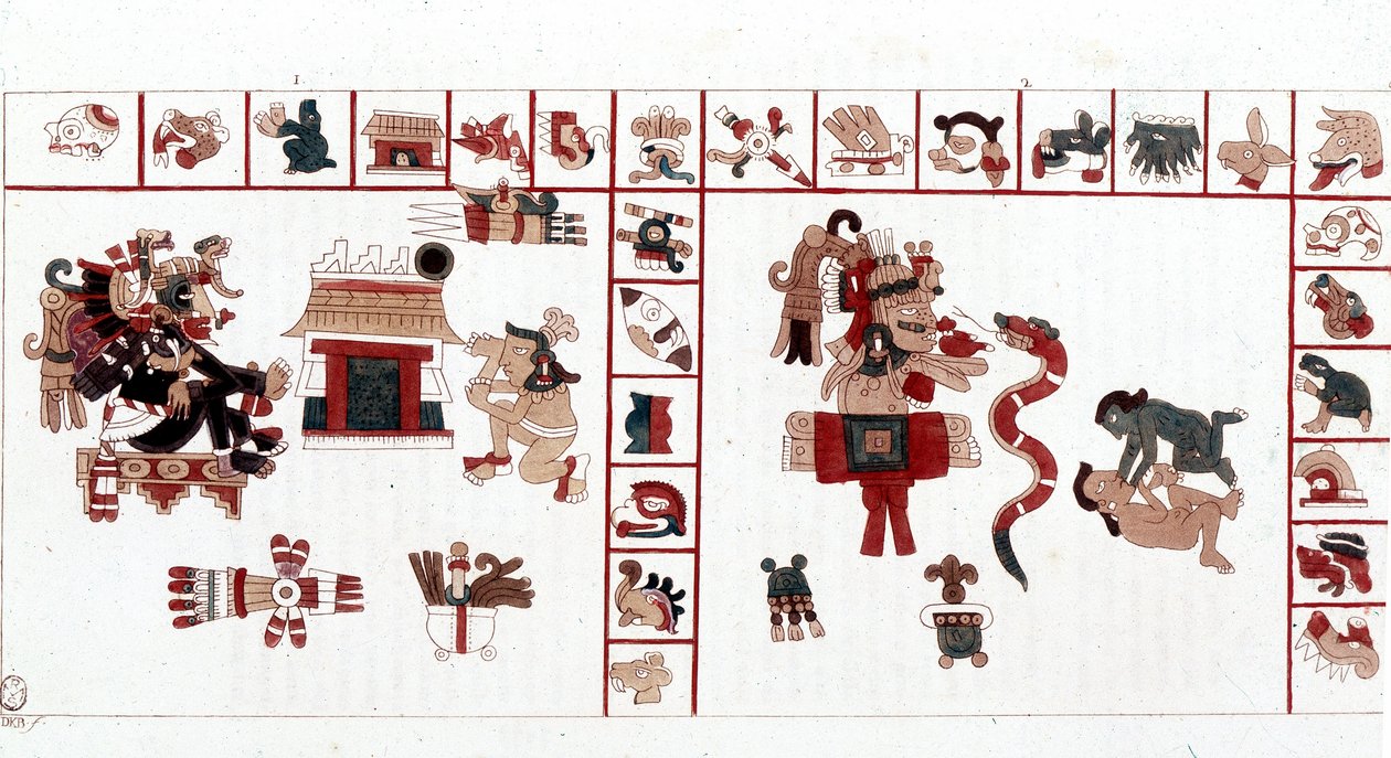 Aztécký bůh Cihuacohuatl zastoupený v hieroglyfickém rukopisu, piktogramy. od Aztec Aztec