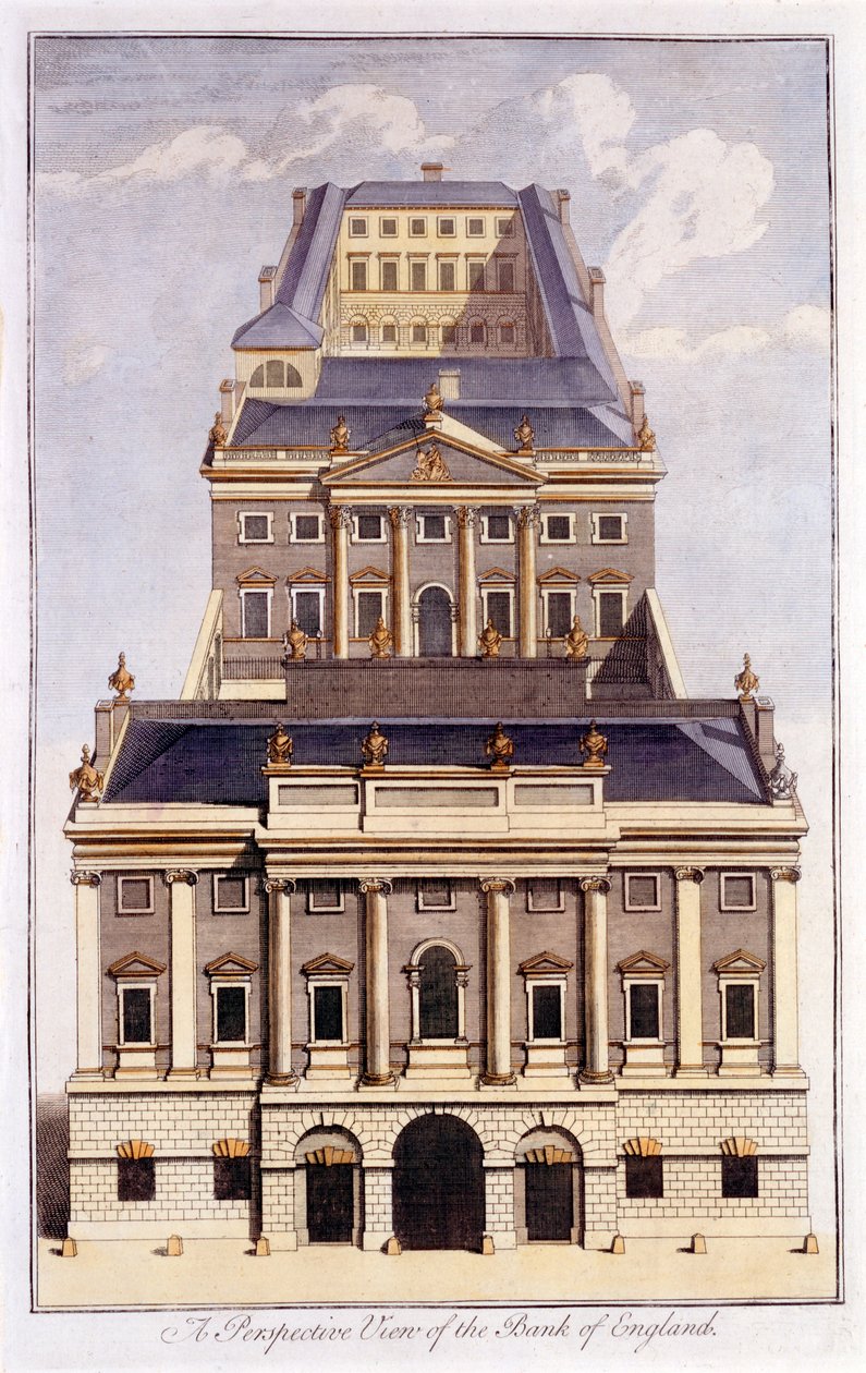 Perspektivní pohled na Bank of England, konec 18. století od B. Cole
