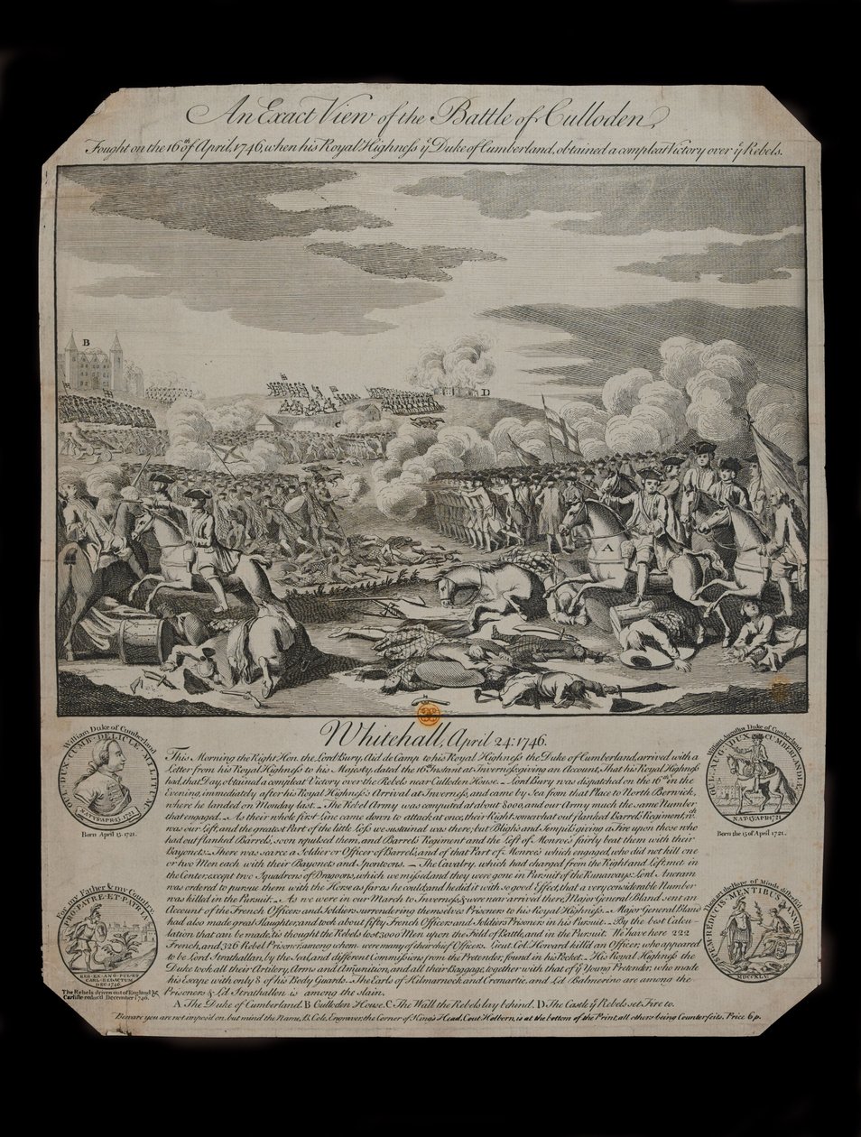 Přesný pohled na bitvu u Cullodenu, vydal B. Cole na rohu Královské hlavy, Holborn, Londýn, 1746. od B. Cole