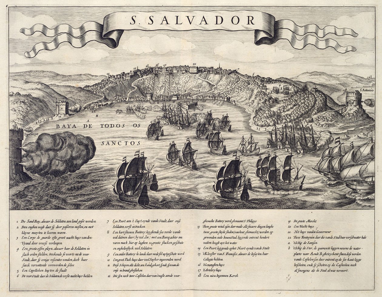 Pohled na bitvu o město San Salvador v All Saints Bay mezi Holanďany a Portugalci v roce 1624 od B. Elsevier