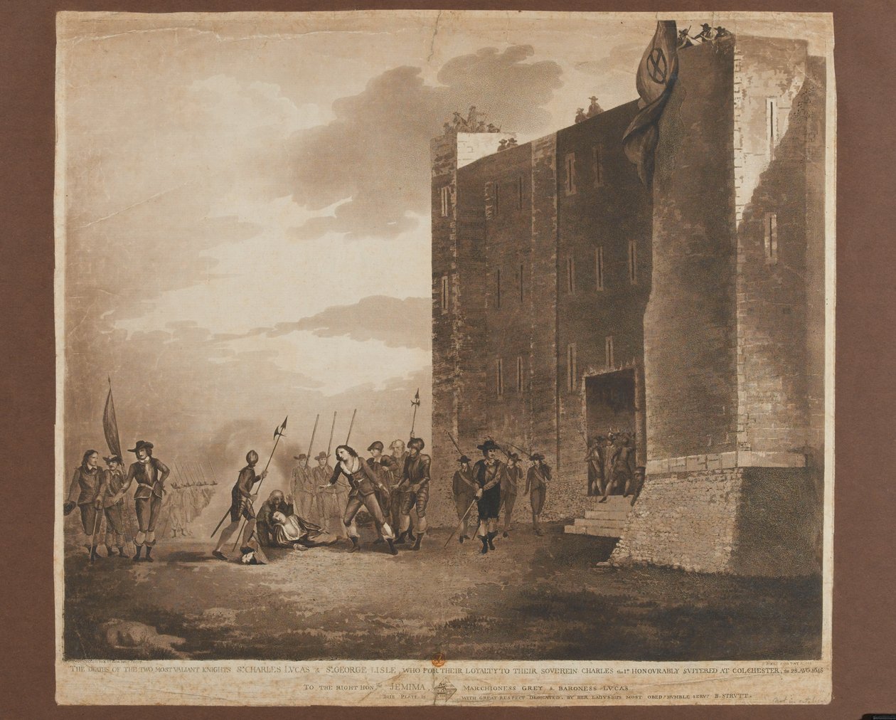 Smrt sira Charlese Lucuse (asi 1612-1648), sira George Lisleho († 1648), 28. srpna 1648, ryl F. Jukes, vydáno 1748 (barevná akvatinta) od B. Strutt