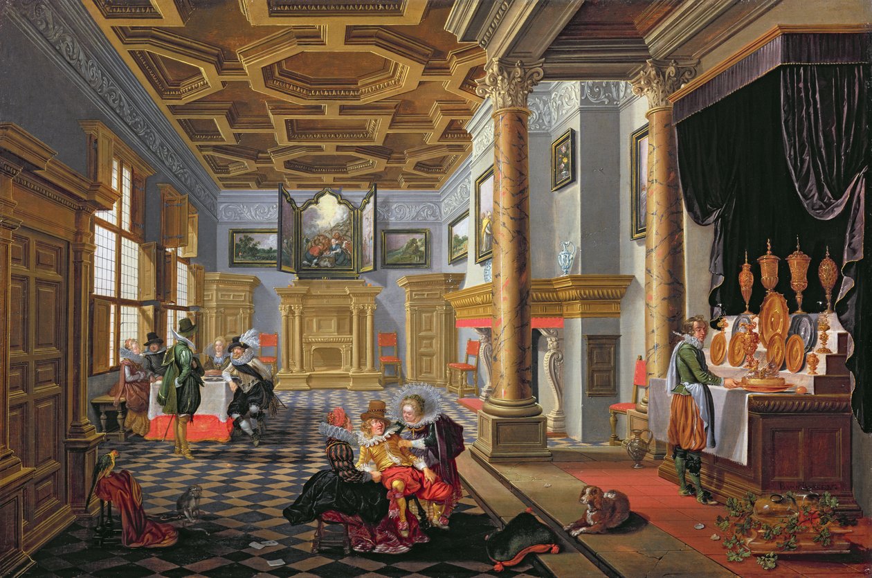 Elegantní postavy stolující ve dvorním interiéru od B. van and Velde, E. van de Bassen