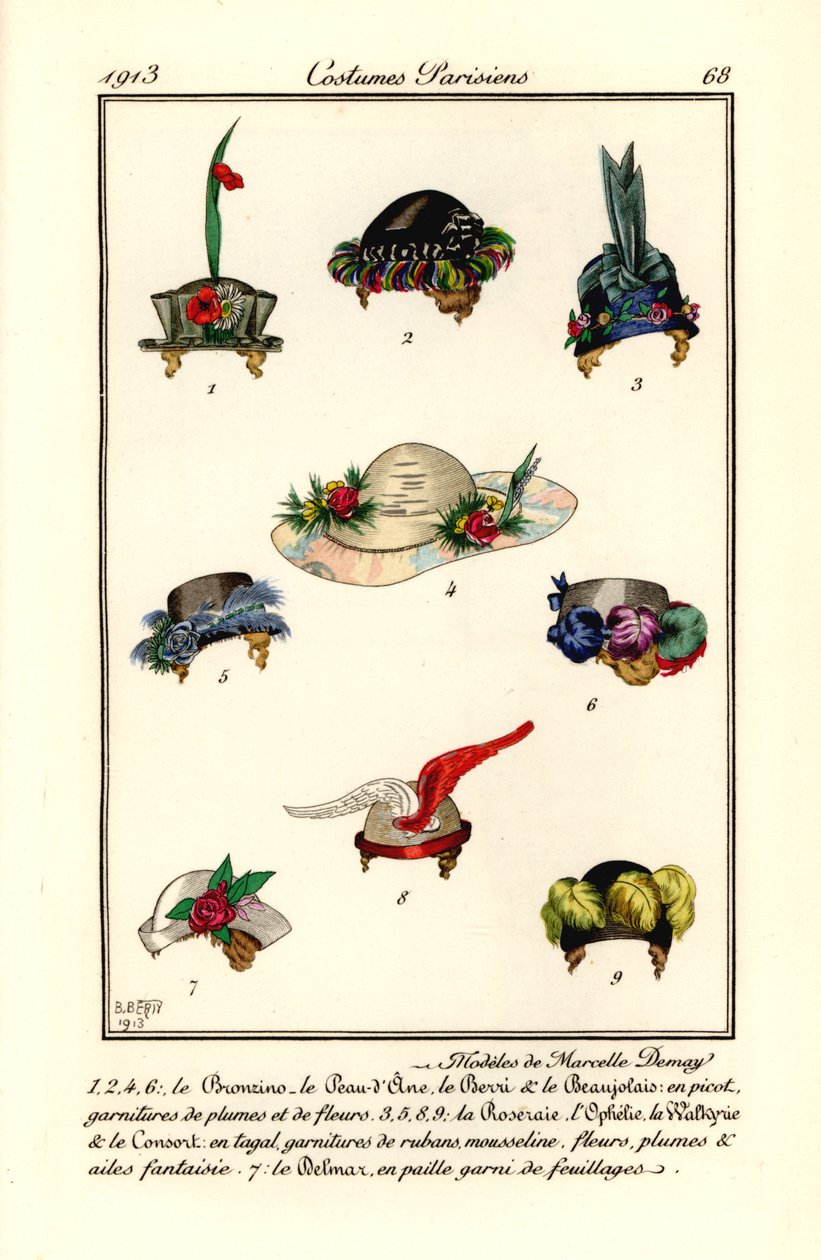 Design dámského klobouku od milliner Marcelle Demay. Modely od Marcelle Demay. Ručně kolorovaný pochoir (šablona) lept podle ilustrace B. Berty z Journal des Dames et des Modes Tommasa Antonginiho, Aux Bureaux du Journal des Dames, Paříž od B Berty