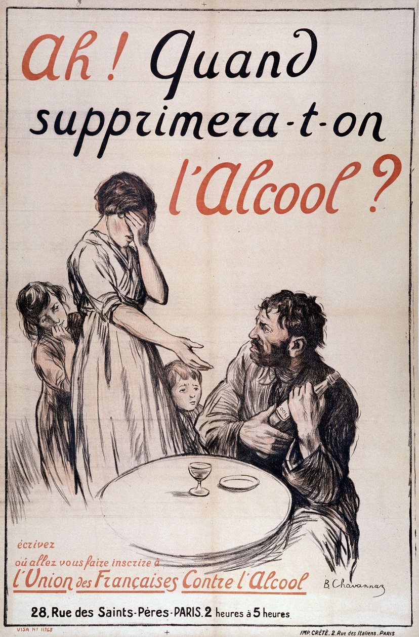 Alkoholismus: "Kdy bude alkohol odstraněn?" C. 1910 (litografie) od B. Chavannaz