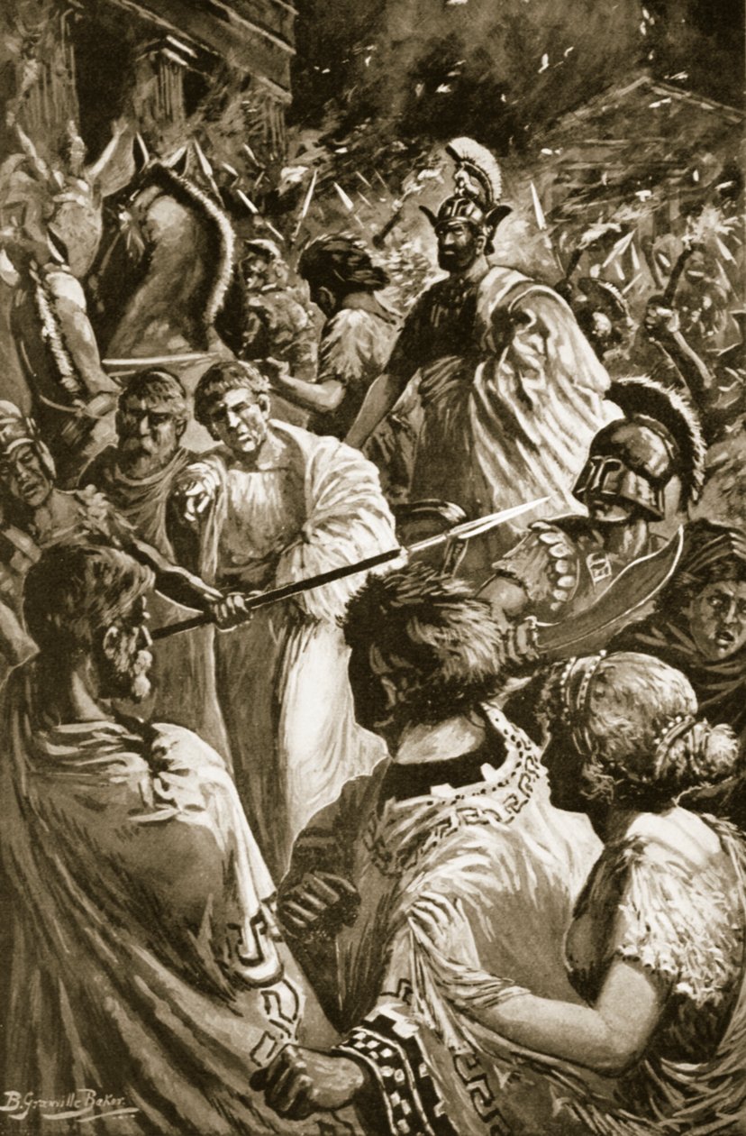 The Sack of Olynthus, 348 př.nl, ilustrace z „Hutchinsonových dějin národů“ od B. Granville (after) Baker