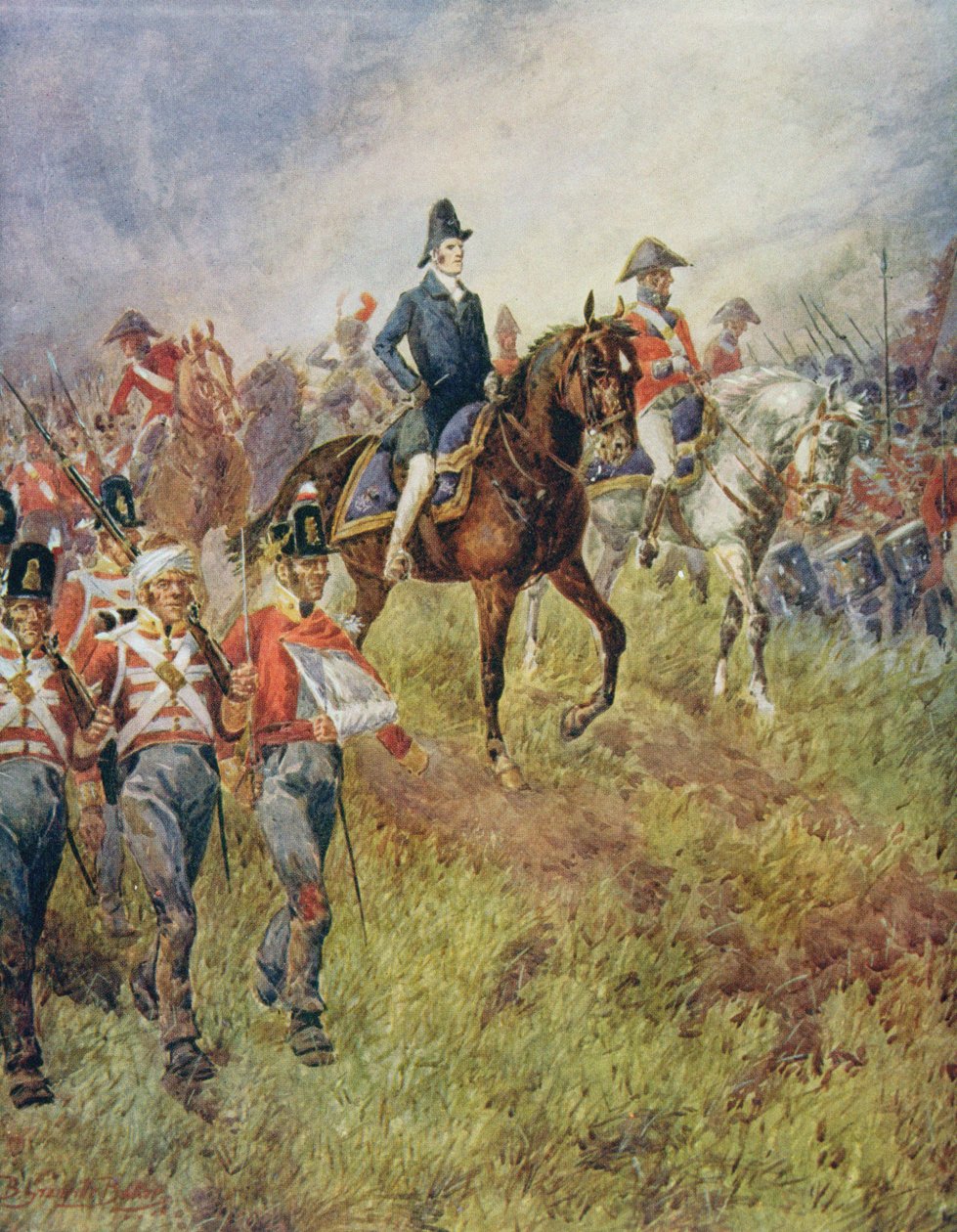 „The Whole Line Will Advance“, Wellington v bitvě u Waterloo v roce 1815, z „British Battles on Land and Sea“ editoval Sir Evelyn Wood (1838-1919) 1915 od B. Granville Baker