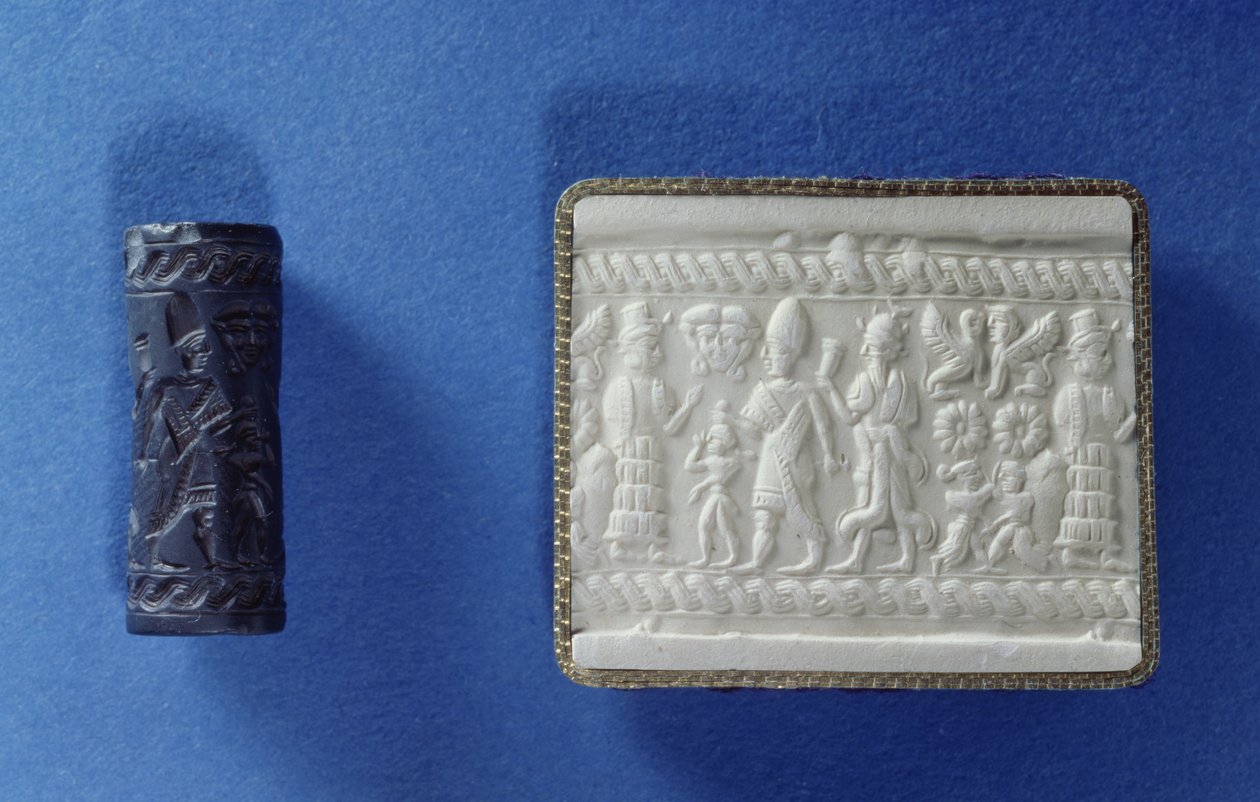 Válcová pečeť a otisk, možná babylonské kolem 18. století před naším letopočtem (tesaný kámen a omítka) od Babylonian
