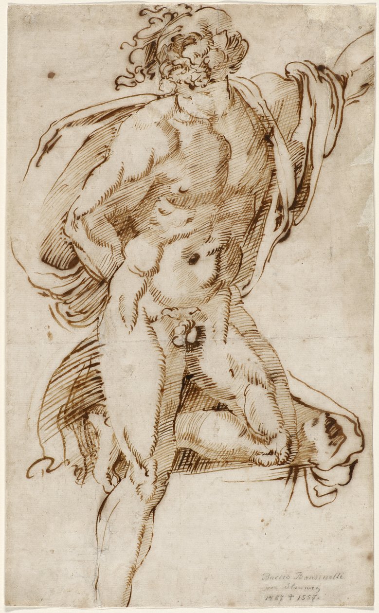 Mužský akt, který se opírá o jedno koleno v kontraposto (studie související s Laocoönem), kolem 1520-25 (pero a železný inkoust na položený papír) od Baccio Bandinelli