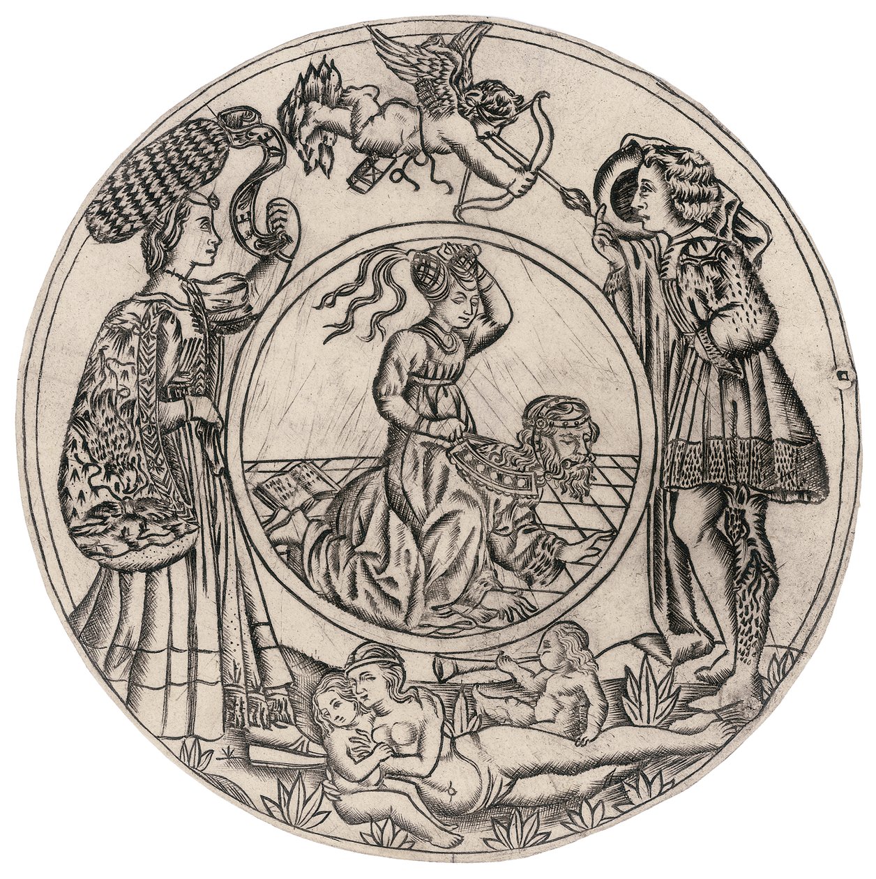 Aristoteles a Phyllis, obklopeni mladým mužem a ženou s Erosem a ležící nahou ženou se dvěma dětmi, druhá polovina 15. století (rytina) od Baccio (circle of) Baldini