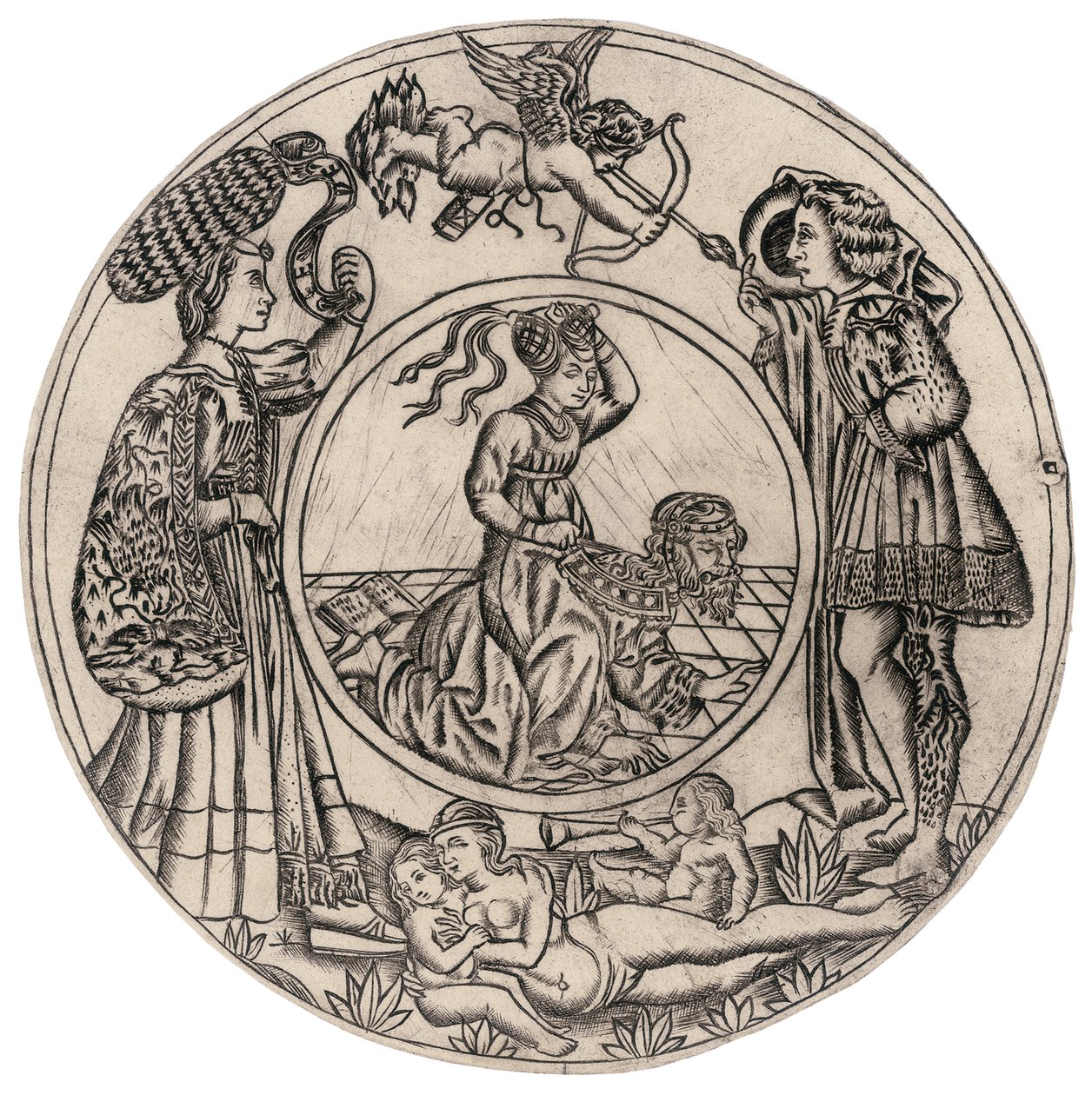 Aristoteles a Phyllis, obklopeni mladým mužem a ženou s Erosem, a ležící nahá žena se dvěma dětmi, druhá polovina 15. od Baccio Baldini