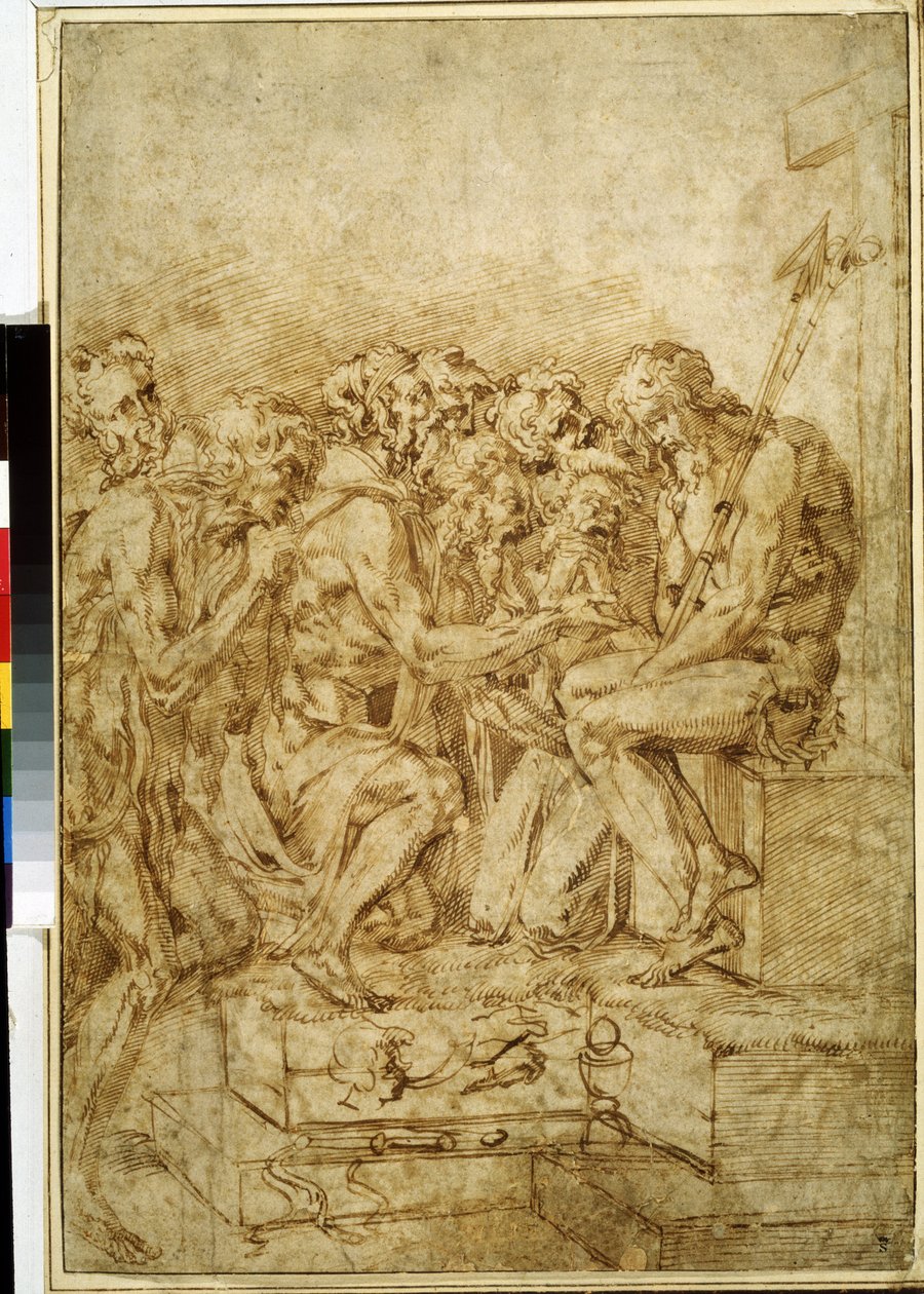 ""Kristus se symboly vášně obklopený sedmi postavami"" (Kristus se symboly vášní navštěvovaných sedmi postavami) Kresba hnědým inkoustem Baccio Bandinelli (1493-1560) Puškinovo muzeum 16. století Moskva od Baccio Bandinelli