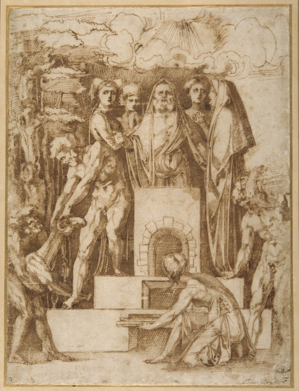 The Sacrifice of Noah (pero a hnědý inkoust na bílém papíře) od Baccio Bandinelli