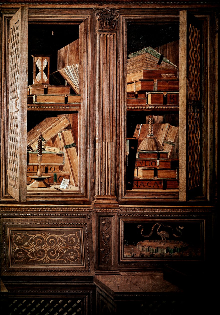 Studiolo vévody Frederika III. z Montefeltre, vévody z Urbina (Urbino), v italštině Federico III da Montefeltro (1422-1482). Detail, dřevěná mozaika legno, vermoldingy provedené Baccio Pontellim (1450-92) podle kreseb Mariana dei Filipepi dit Sandro od Baccio Pontelli
