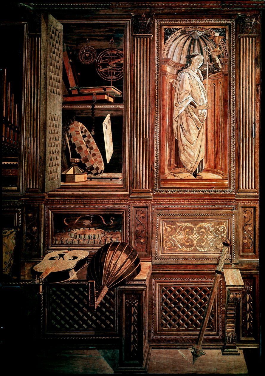 Studiolo vévody Frederika III. z Montefeltre, vévody z Urbina (Urbino), v italštině Federico III da Montefeltro (1422-1482). Detail s vyobrazením mazzocchio. Dřevěná mozaika Legno, vermoldingy provedené Baccio Pontellim (1450-92) podle kreseb od od Baccio Pontelli