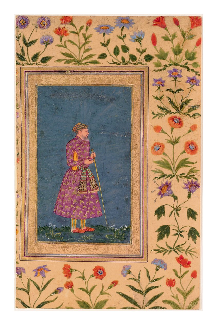 Portrét Mughal Grandee, stojící, cca 1640 (neprůhledný akvarel a zlato na papíře) od Bahadur Ilyas