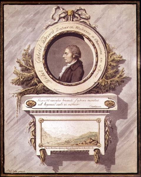Michel Gabriel Pacard, lékař z Chamonix, Savojsko, s výhledem na Mont Blanc z údolí Sallenche, 18. století (wc) od Bailer Dalbe