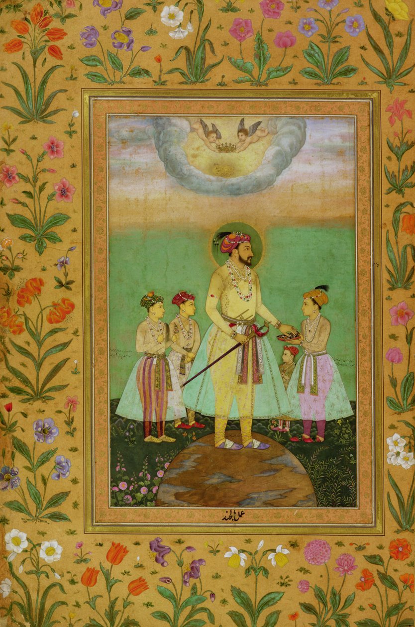 Shah Jahan (1592-1666) stojí na velkém glóbu obklopený svými čtyřmi dětmi, z alba Minto od Balchand