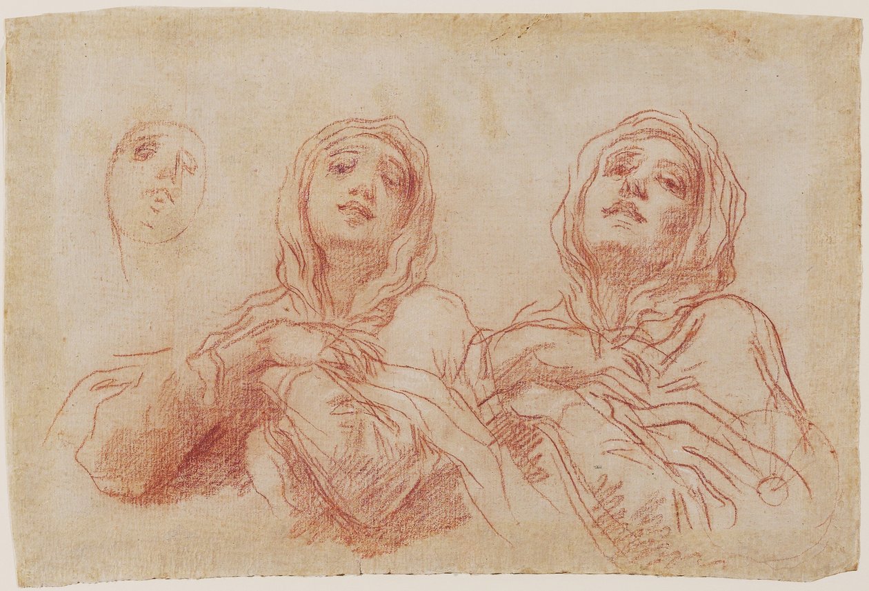 Studie pro hlavu Panny Marie, kolem roku 1680 (červená křída se stopami bílé křídy zesilující na položeném papíře) od Baldassare Franceschini