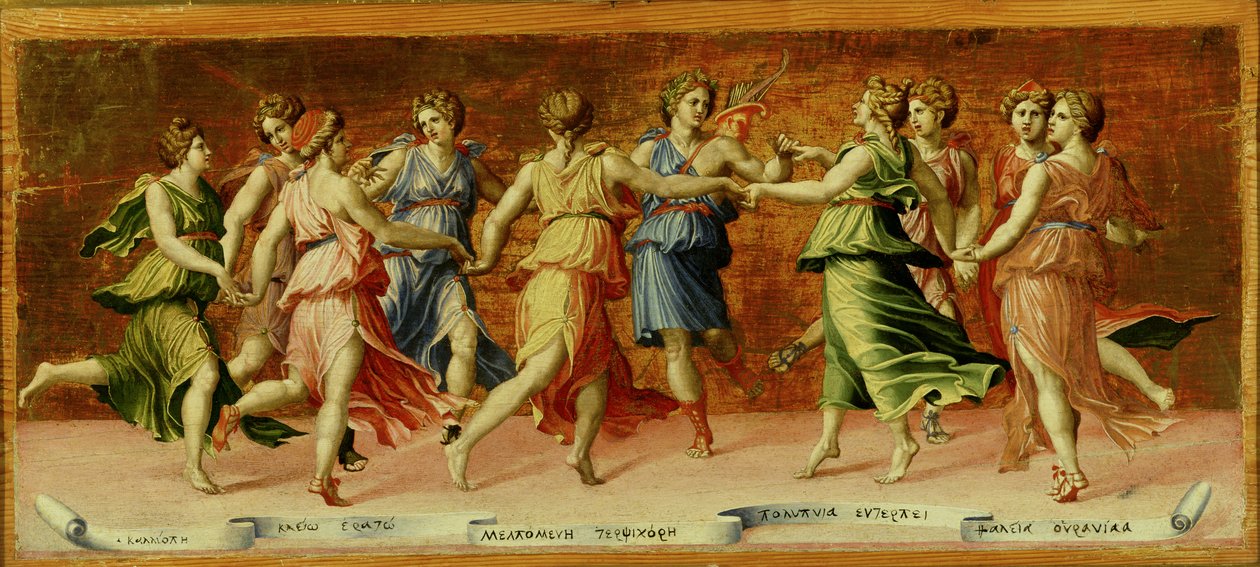 Apollónův tanec s devíti múzami (tempera na panelu) od Baldassarre Peruzzi