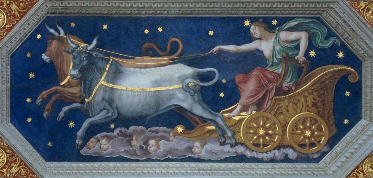 Nymfa Callisto na Jupiterově voze, stropní dekorace ze „Sala di Galatea“, 1511-12 od Baldassarre Peruzzi
