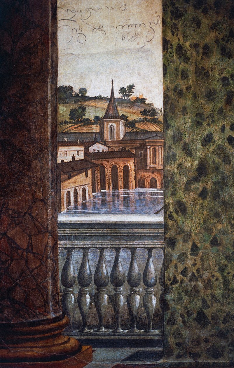 Budovy u vody, detail z fresky v Hall of Perspectives od Baldassarre Peruzzi