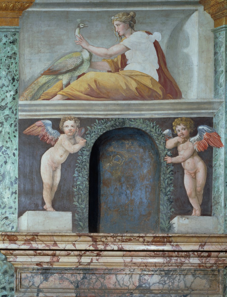 Sala delle Prospettive Hall of Perspective detail výklenku trompe loeil zobrazující bohyni Juno s pávem, freska 1518-19 od Baldassarre Peruzzi