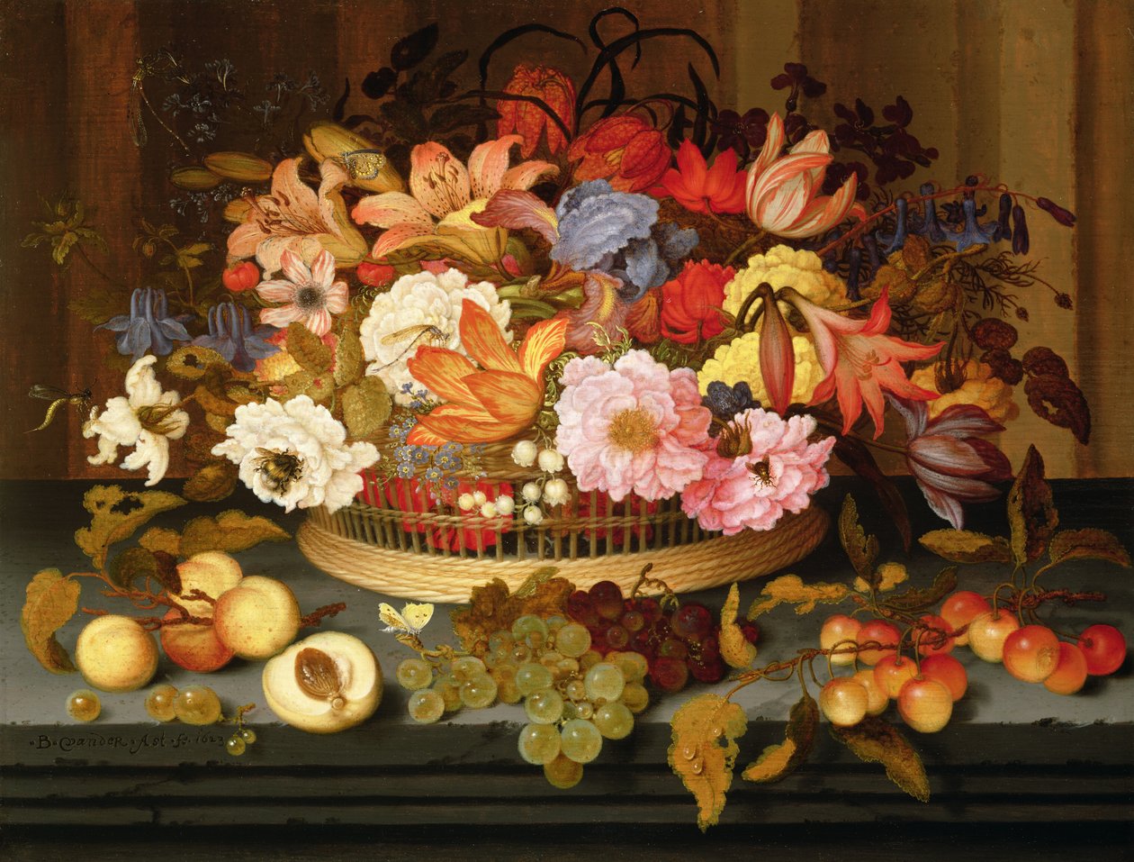 Zátiší ovoce a košík květin, 1623 od Balthasar van der Ast