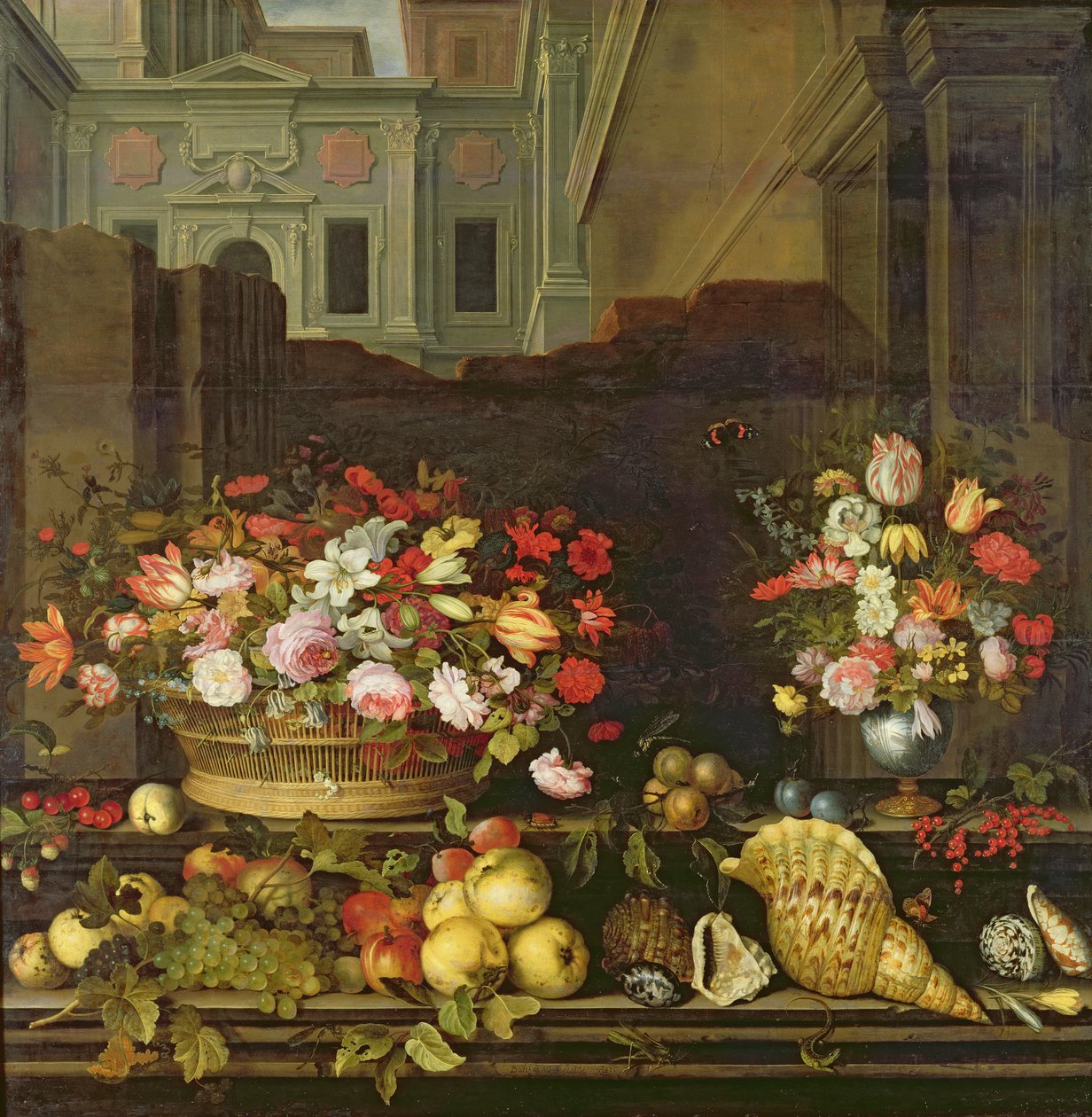 Zátiší s květinami, ovocem a skořápkami od Balthasar van der Ast