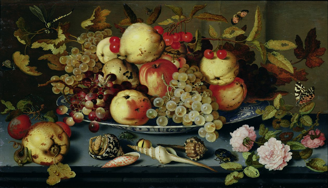 Zátiší s ovocem, květinami a mořskými plody od Balthasar van der Ast