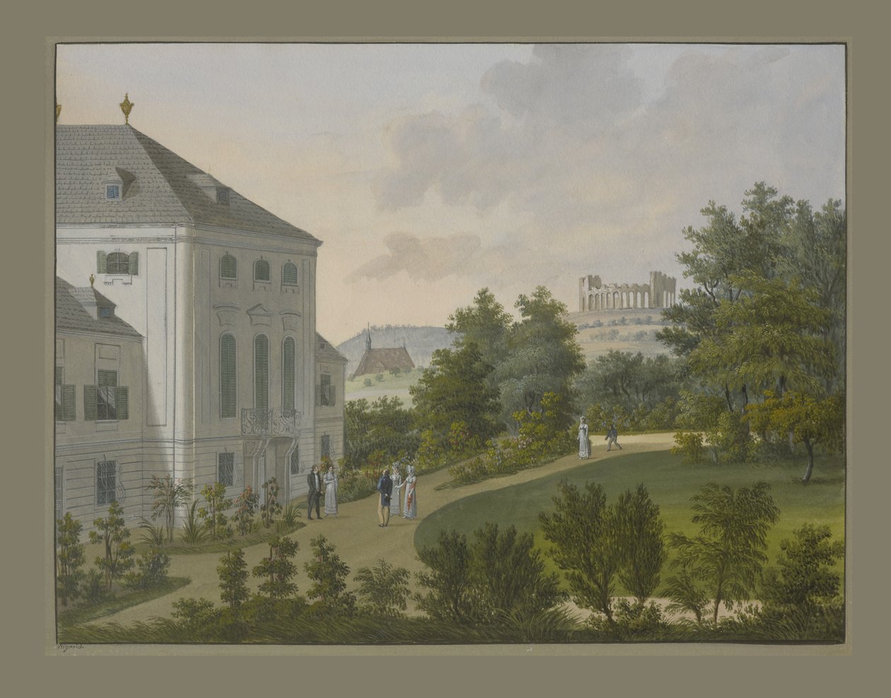 Hrad Hunyadi, Maria Enzersdorf, cca 1815 (wc a kvaš na papíře) od Balthasar Wigand