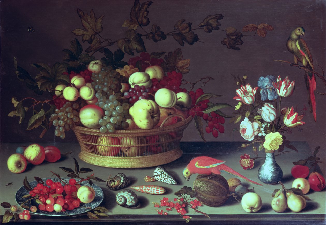 Košík hroznů a jiného ovoce (olej na desce) od Balthasar van der Ast