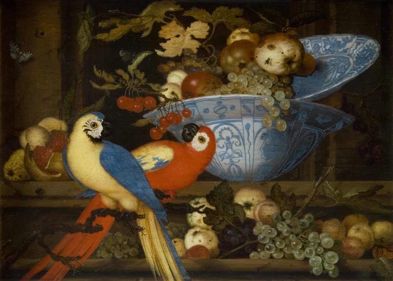 Ovocné zátiší se dvěma papoušky od Balthasar van der Ast