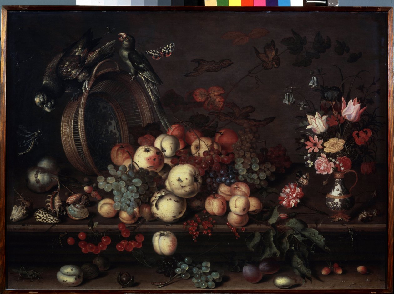 "Zátiší s ovocem, květinami a papoušky" (také nazývané "Zátiší s ovocem, mušlemi a hmyzem") Malba Balthasara van der Asta (1593/4-1657) kolem roku 1620 Rozměr 75x104 cm Ermi Museum od Balthasar van der Ast