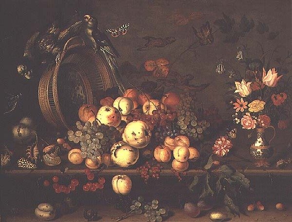 Zátiší s ovocem, květinami a papoušky, začátek 20. let 17. století (panel) od Balthasar van der Ast