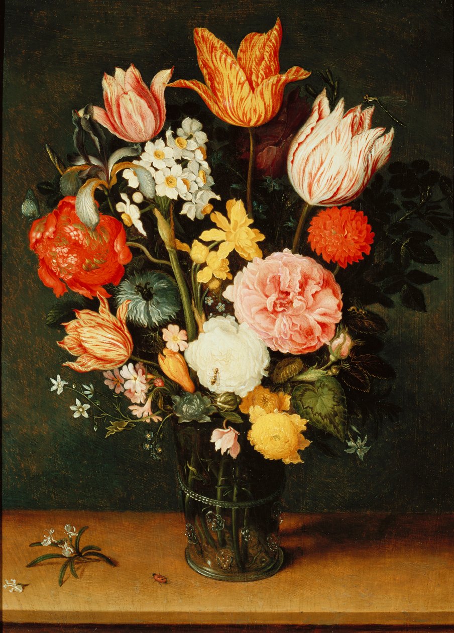 Tulipány, růže a další květiny ve skleněné váze od Balthasar van der Ast