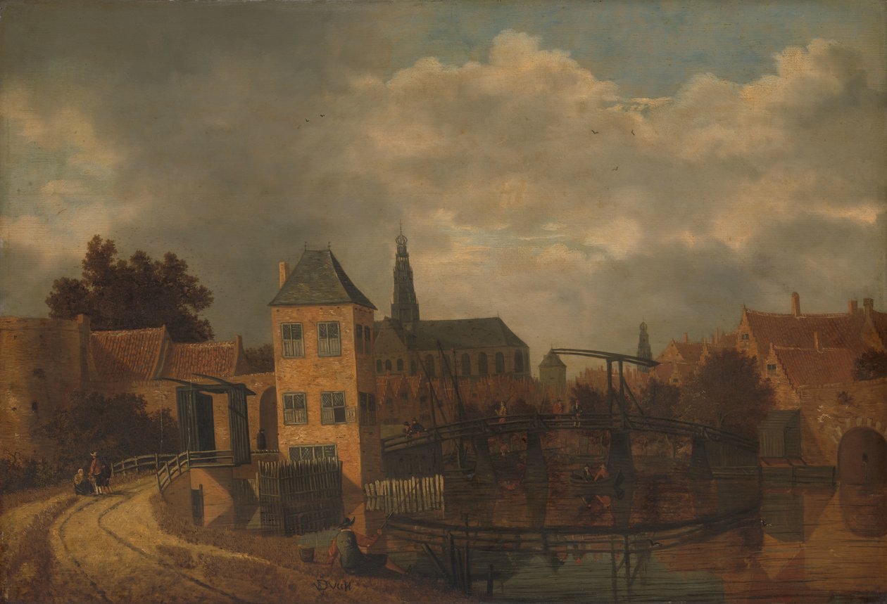 Pohled na město Haarlem, pořízený z řeky Spaarne, ukazující Eendjespoort od Balthasar van der Veen