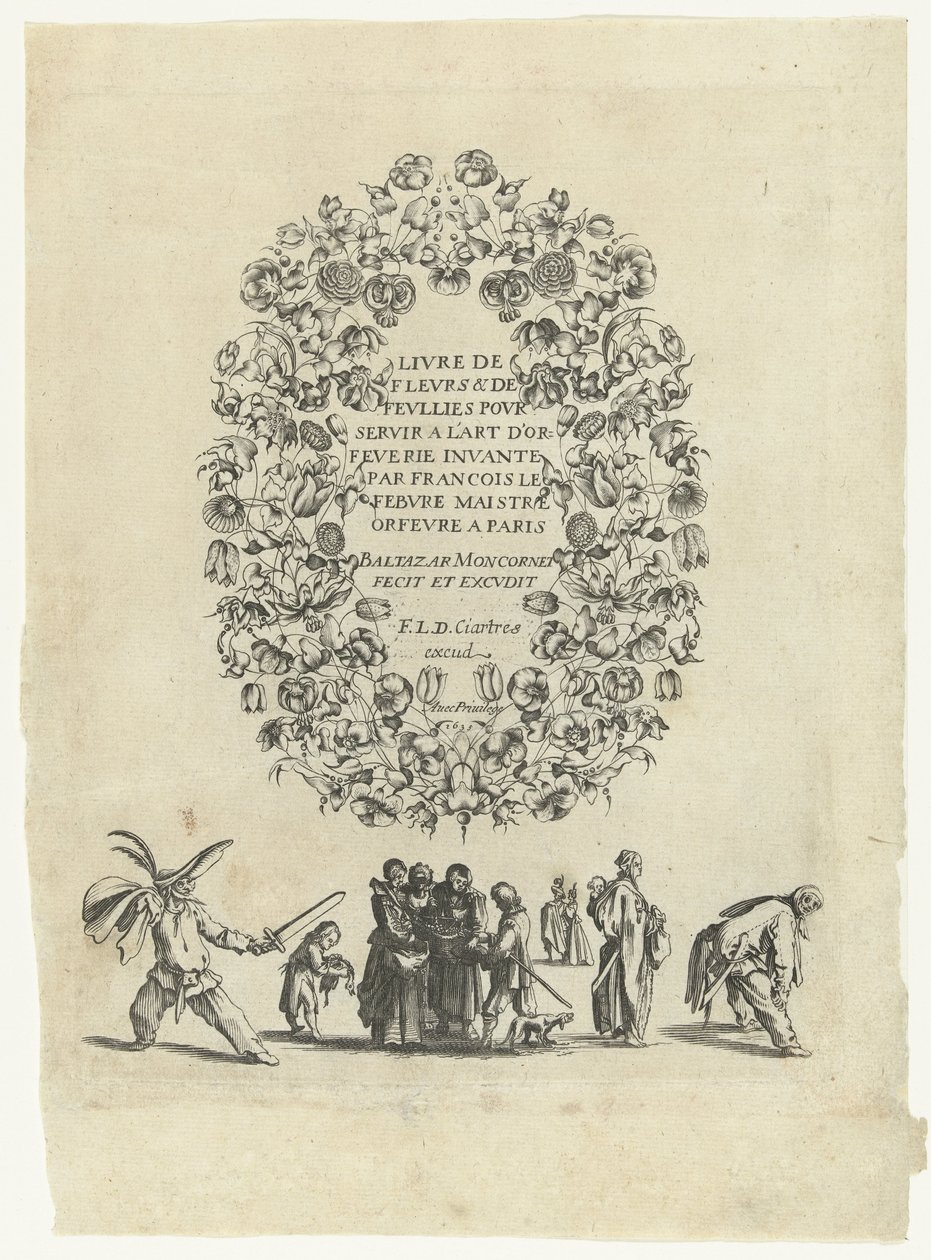 Titelblad: Book of Flowers & Follies slouží zlatnickému umění (...) Book of Flowers & Follies sloužit zlatnickému umění (...) (název série na předmětu) Book of Flowers & Follies sloužit zlatnickému umění (...) (název série) od Balthazar Moncornet