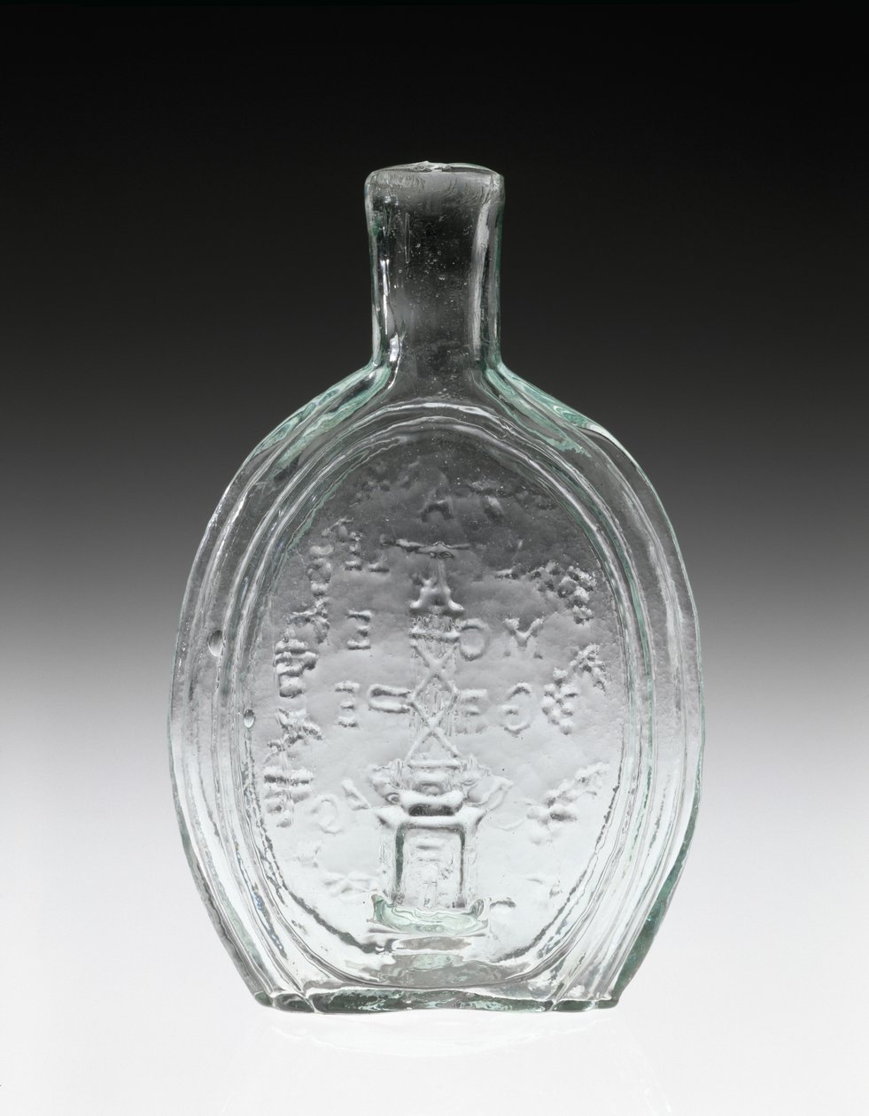 Figurovaná baňka, c. 1847 (bezolovnaté sklo) od Baltimore Glass Works