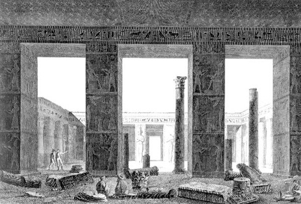 Vnitřní pohled na peristyl paláce, Medynet-Abon, Théby, deska 14 ze svazku II „Popisů Egypta“, vyryl Reville, hospoda. na příkaz Napoleona od Balzac (after)